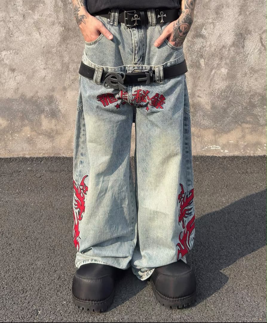 Cyber-Punk Double Waistband Layered Dragon Jeans 4