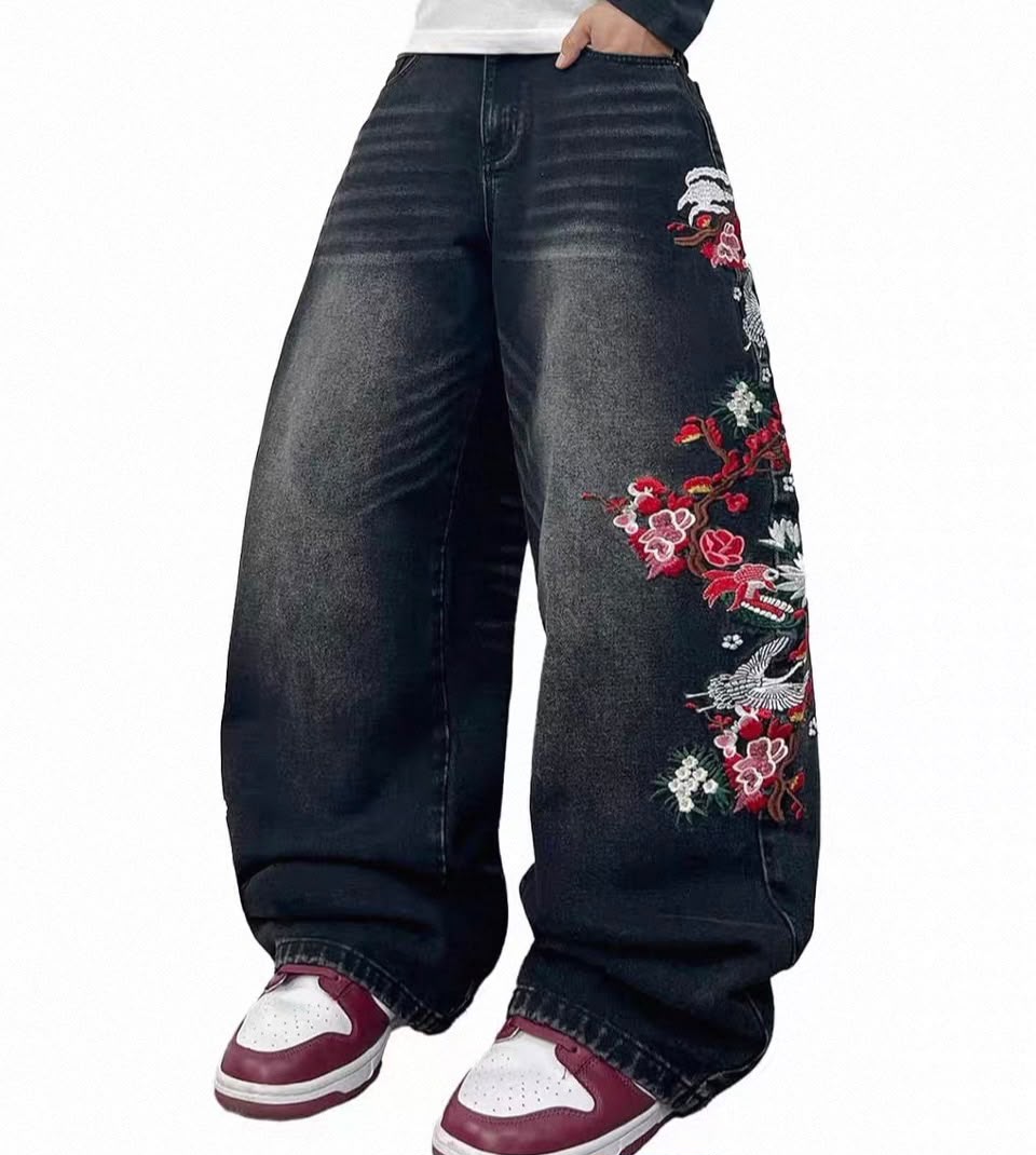 Sakura Embroidered Wide-Leg Denim Jeans